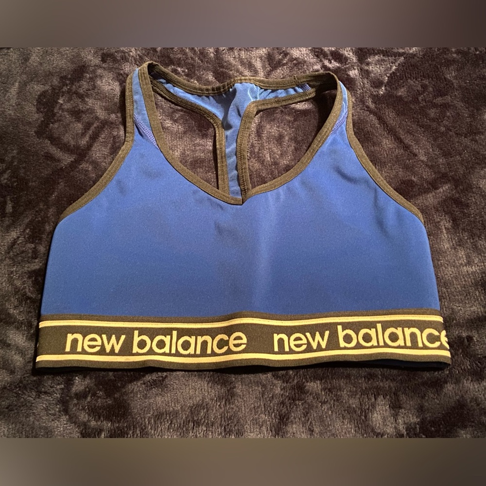 New Balance Blue Sports Bra with Black Trim and White Band